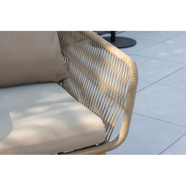 Venture Home Beige loungeset Chania – Aluminium frame met touwvlechtwerk & acaciahouten salontafel | Bank, 2 fauteuils & kussens voor 4 personen