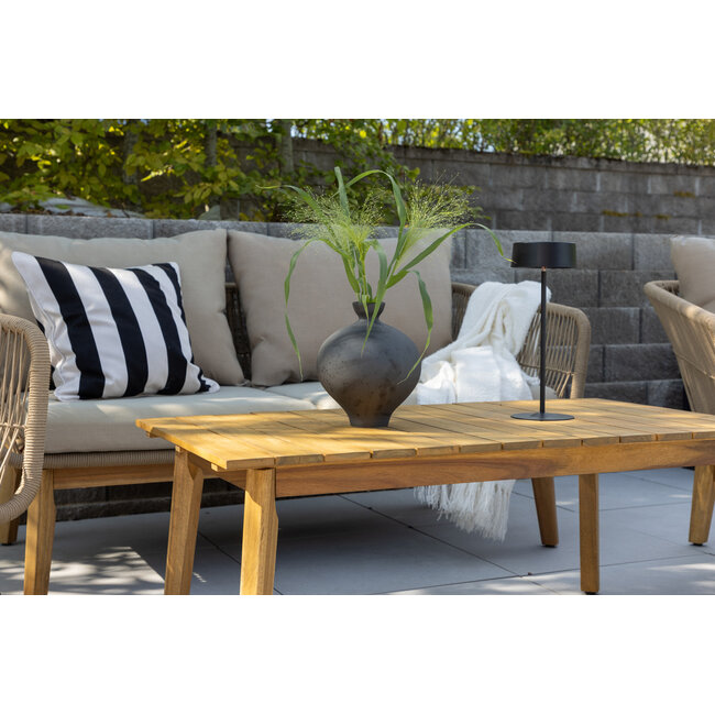 Venture Home Beige loungeset Chania – Aluminium frame met touwvlechtwerk & acaciahouten salontafel | Bank, 2 fauteuils & kussens voor 4 personen