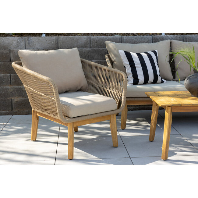 Venture Home Beige loungeset Chania – Aluminium frame met touwvlechtwerk & acaciahouten salontafel | Bank, 2 fauteuils & kussens voor 4 personen