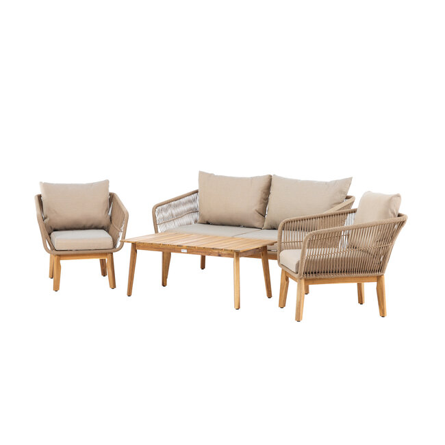 Venture Home Beige loungeset Chania – Aluminium frame met touwvlechtwerk & acaciahouten salontafel | Bank, 2 fauteuils & kussens voor 4 personen