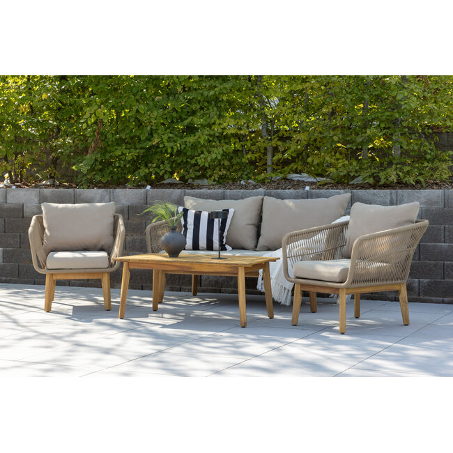 Venture Home Beige loungeset Chania – Aluminium frame met touwvlechtwerk & acaciahouten salontafel | Bank, 2 fauteuils & kussens voor 4 personen