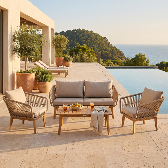 Venture Home Beige loungeset Chania – Aluminium frame met touwvlechtwerk & acaciahouten salontafel | Bank, 2 fauteuils & kussens voor 4 personen