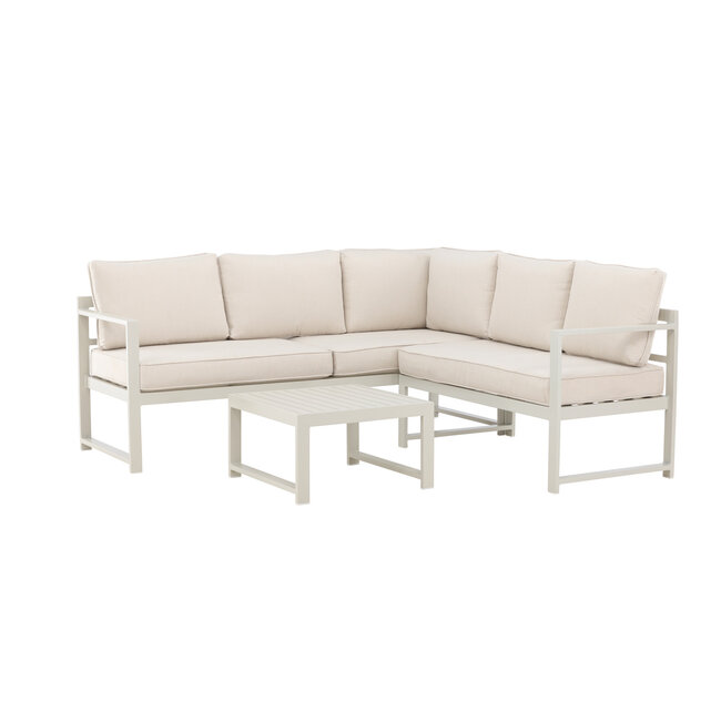Venture Home Salvador hoekbank met tafel – aluminium loungeset voor buiten met beige kussens, geschikt voor terras, tuin en patio