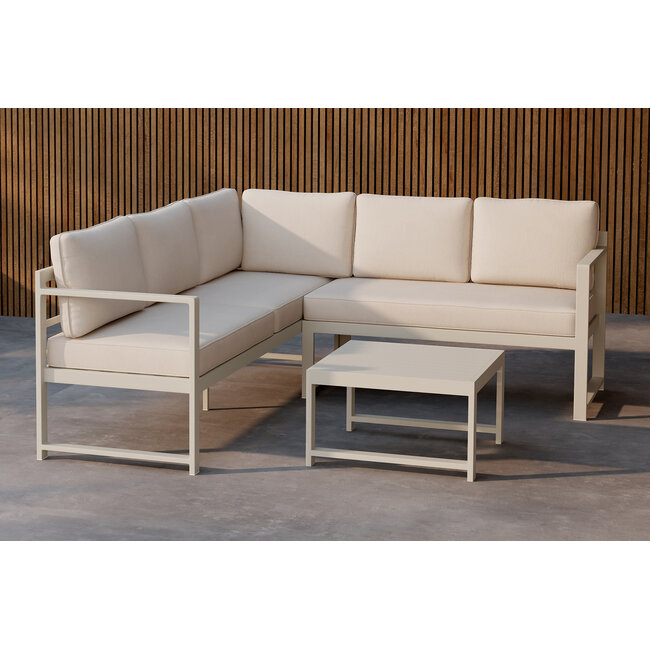 Venture Home Salvador hoekbank met tafel – aluminium loungeset voor buiten met beige kussens, geschikt voor terras, tuin en patio