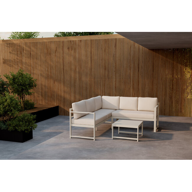 Venture Home Salvador hoekbank met tafel – aluminium loungeset voor buiten met beige kussens, geschikt voor terras, tuin en patio