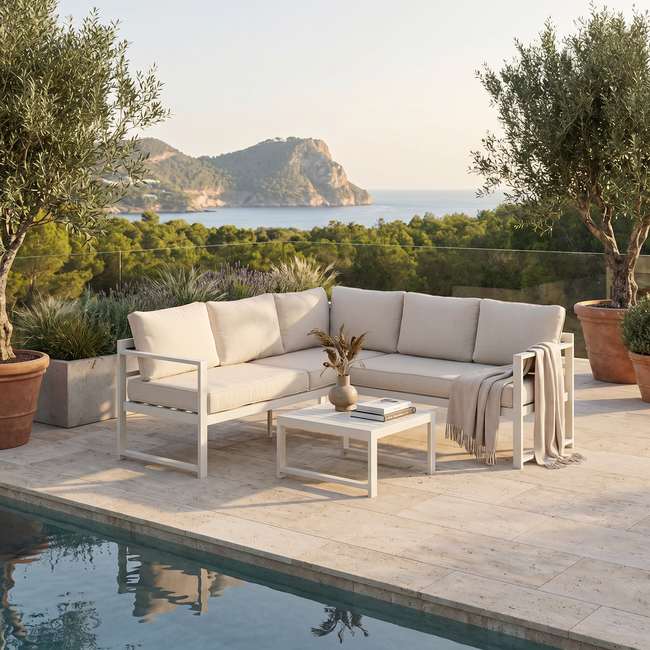 Venture Home Salvador hoekbank met tafel – aluminium loungeset voor buiten met beige kussens, geschikt voor terras, tuin en patio