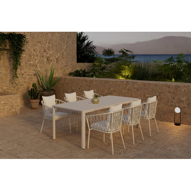Venture Home Giardini tuinset beige – grote aluminium eettafel 200x90 cm met gevlochten stoelen en bouclé kussens voor terras en tuin