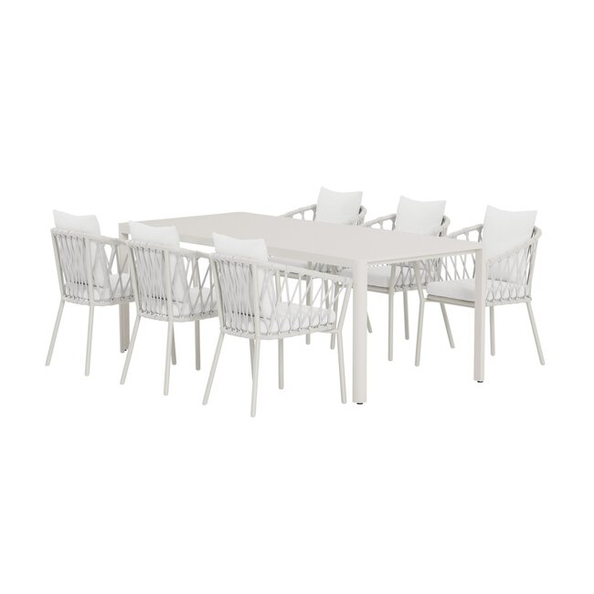 Venture Home Giardini tuinset beige – grote aluminium eettafel 200x90 cm met gevlochten stoelen en bouclé kussens voor terras en tuin