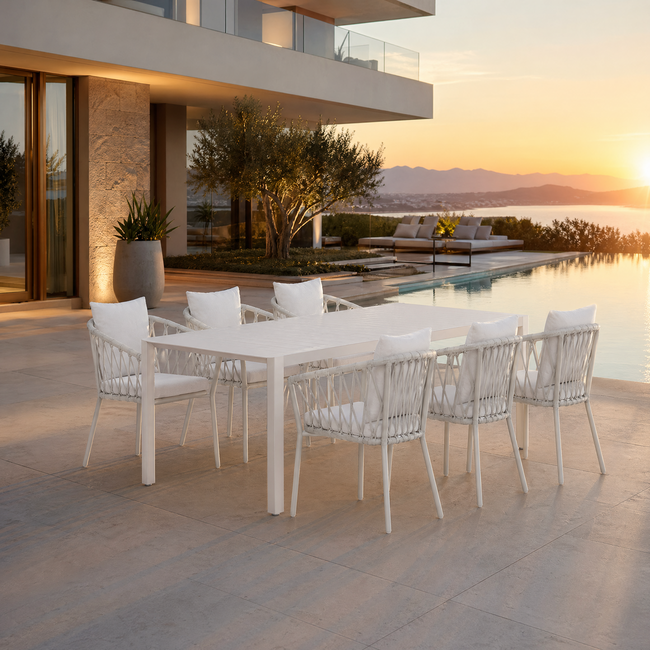 Venture Home Giardini tuinset beige – grote aluminium eettafel 200x90 cm met gevlochten stoelen en bouclé kussens voor terras en tuin