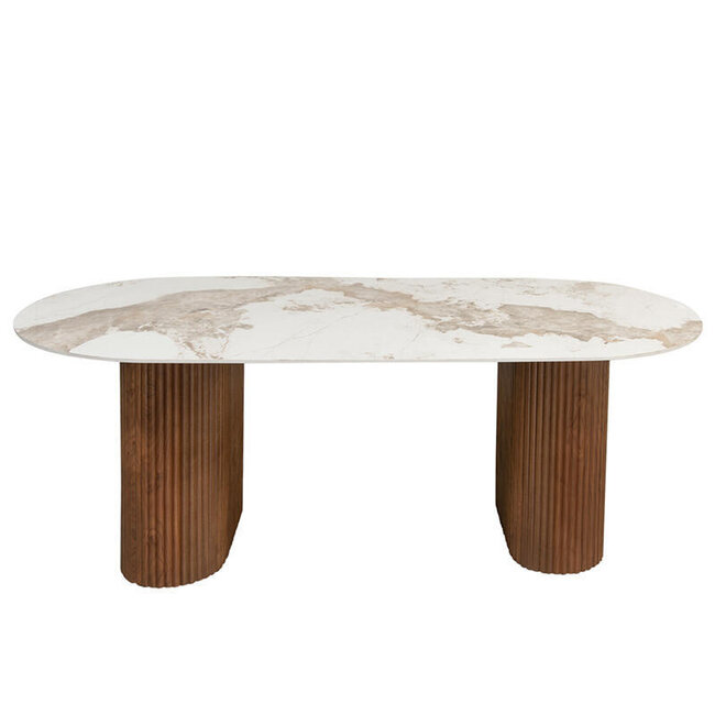 Pole to Pole Marble & Walnut Eettafel — Keramisch Marmeren Tafelblad met Walnootfineer Onderstel voor de Moderne Eetkamer