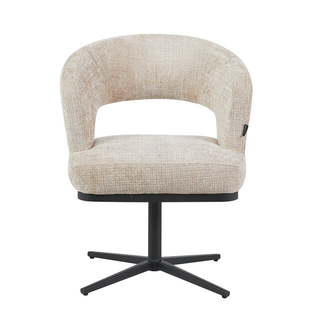 Homerebels Collection Honey eetkamerstoel beige — 180 graden draaibare luxe eetkamerstoel met geweven stofbekleding en zwart metalen onderstel