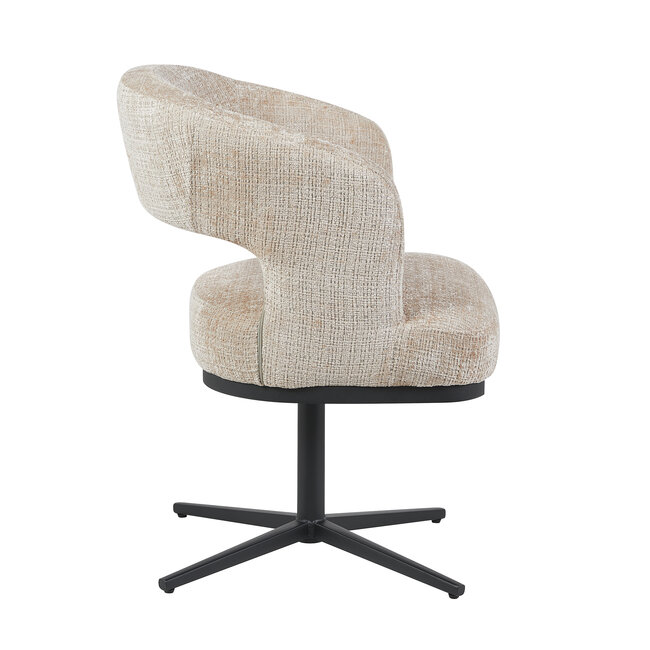 Homerebels Collection Honey eetkamerstoel beige — 180 graden draaibare luxe eetkamerstoel met geweven stofbekleding en zwart metalen onderstel