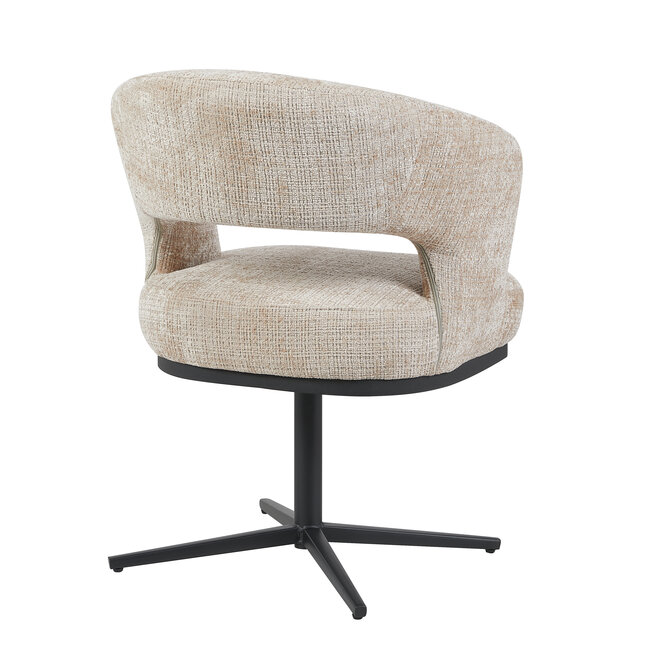 Homerebels Collection Honey eetkamerstoel beige — 180 graden draaibare luxe eetkamerstoel met geweven stofbekleding en zwart metalen onderstel