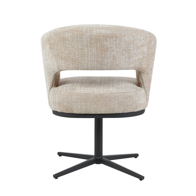 Homerebels Collection Honey eetkamerstoel beige — 180 graden draaibare luxe eetkamerstoel met geweven stofbekleding en zwart metalen onderstel