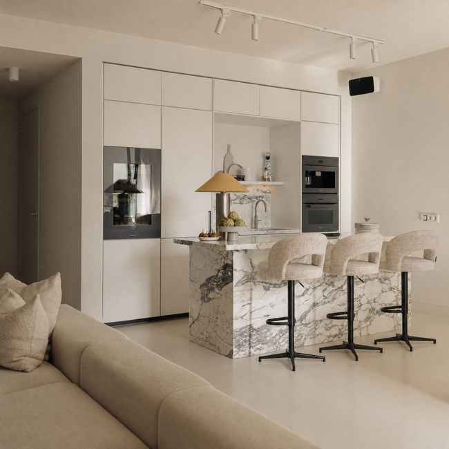 Homerebels Collection Draaibare barkruk met armleuning en rugleuning in beige | In hoogte verstelbaar 64–84 cm | Met voetensteun | Kookeiland & bartafel