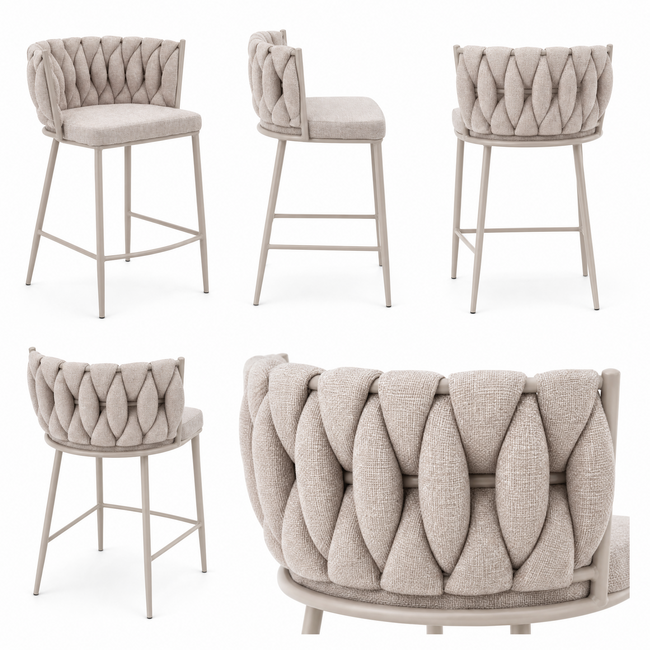 Homerebels Collection Wave Barkruk Ultra Beige – Beige Barstoel met Gevlochten Rugleuning en Beige Frame | Zithoogte 65 cm
