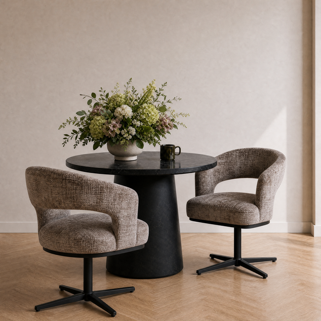 Homerebels Collection Honey eetkamerstoel taupe — 180 graden draaibare luxe eetkamerstoel met geweven stofbekleding en zwart metalen onderstel