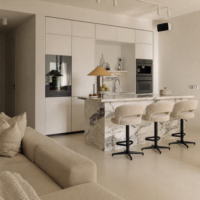Homerebels Collection Draaibare barkruk met armleuning en rugleuning in beige | In hoogte verstelbaar 64–84 cm | Met voetensteun | Kookeiland & bartafel