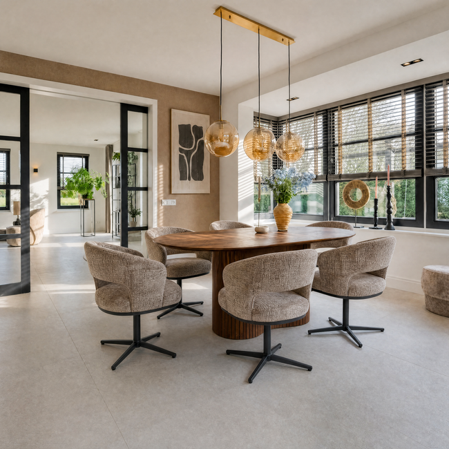 Homerebels Collection Honey eetkamerstoel taupe — 180 graden draaibare luxe eetkamerstoel met geweven stofbekleding en zwart metalen onderstel