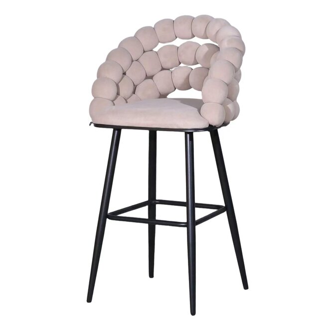 Homerebels Collection Bubble Barstool beige velvet barkruk 65 cm met armleuningen en zwarte poten | Bolvormige bubble rugleuning | Luxe design barkruk voor kookeiland of lage bartafel