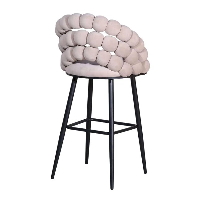 Homerebels Collection Bubble Barstool beige velvet barkruk 65 cm met armleuningen en zwarte poten | Bolvormige bubble rugleuning | Luxe design barkruk voor kookeiland of lage bartafel