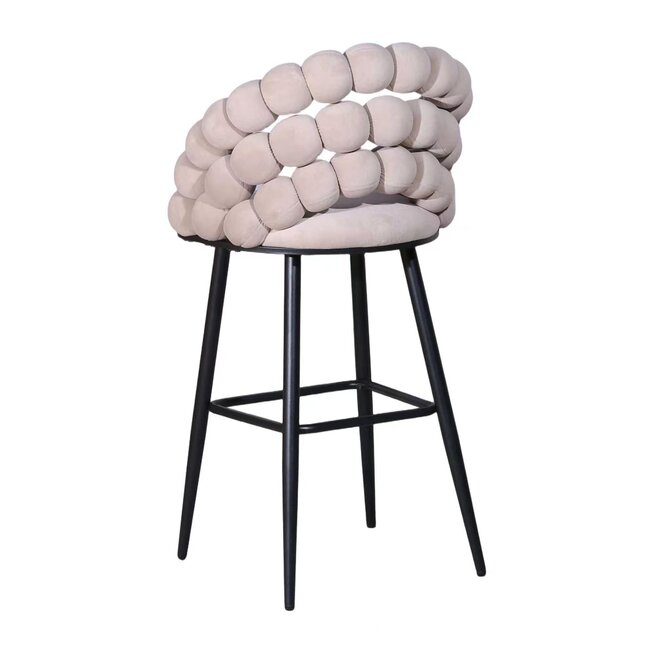 Homerebels Collection Bubble Barstool beige velvet barkruk 65 cm met armleuningen en zwarte poten | Bolvormige bubble rugleuning | Luxe design barkruk voor kookeiland of lage bartafel