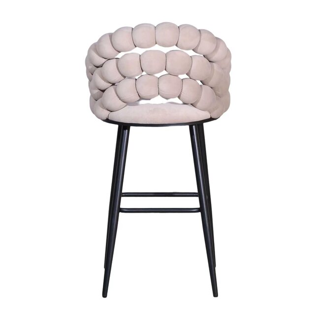 Homerebels Collection Bubble Barstool beige velvet barkruk 65 cm met armleuningen en zwarte poten | Bolvormige bubble rugleuning | Luxe design barkruk voor kookeiland of lage bartafel
