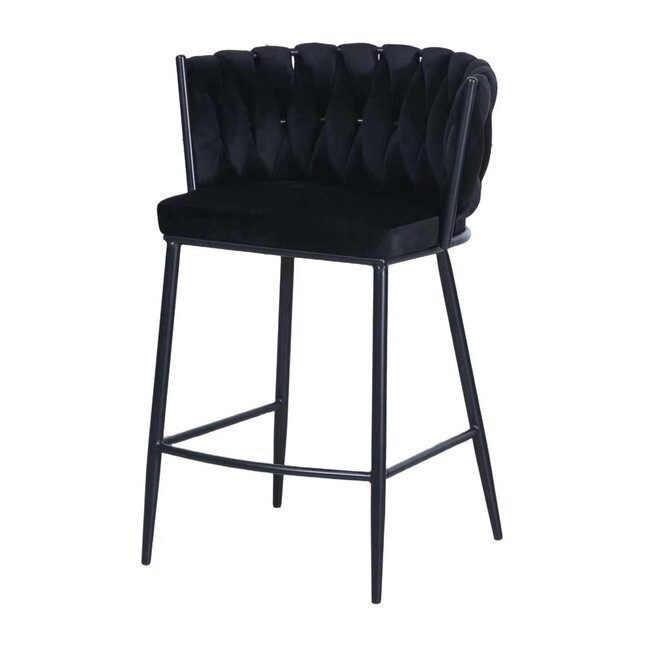 Homerebels Collection Wave barkruk met gevlochten rugleuning - zwarte velvet barstoel met zwarte poten - zithoogte 65 cm