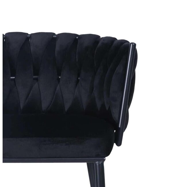 Homerebels Collection Wave barkruk met gevlochten rugleuning - zwarte velvet barstoel met zwarte poten - zithoogte 65 cm