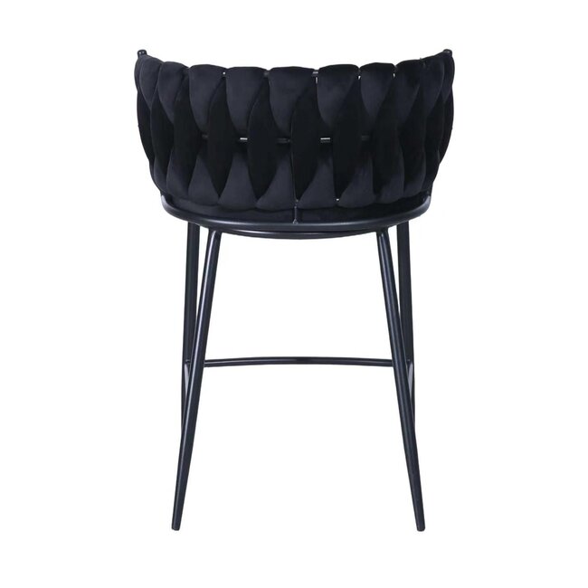 Homerebels Collection Wave barkruk met gevlochten rugleuning - zwarte velvet barstoel met zwarte poten - zithoogte 65 cm
