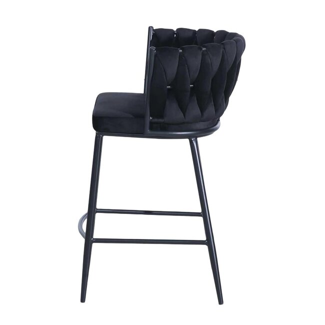 Homerebels Collection Wave barkruk met gevlochten rugleuning - zwarte velvet barstoel met zwarte poten - zithoogte 65 cm