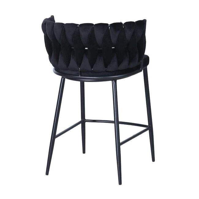 Homerebels Collection Wave barkruk met gevlochten rugleuning - zwarte velvet barstoel met zwarte poten - zithoogte 65 cm