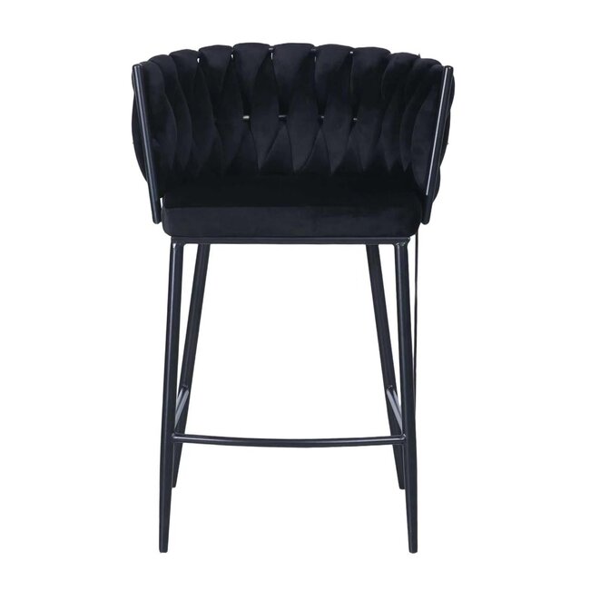 Homerebels Collection Wave barkruk met gevlochten rugleuning - zwarte velvet barstoel met zwarte poten - zithoogte 65 cm