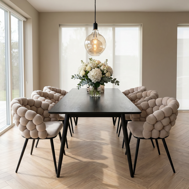 Homerebels Collection Bubble Chair beige velvet eetkamerstoel met armleuningen en zwarte poten | Bolvormige bubble rugleuning | Luxe design stoel voor moderne, hotel-chique eetkamer