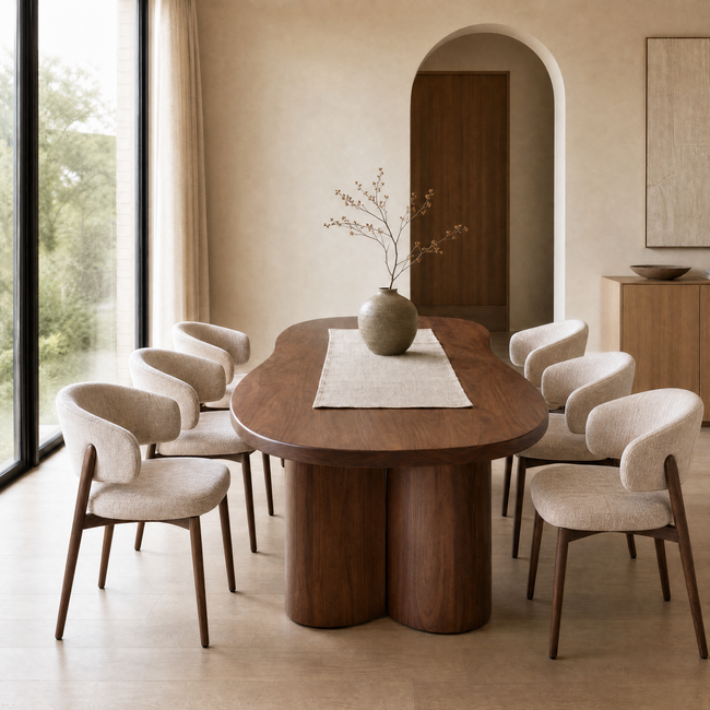 Pole to Pole Beige stoffen eetkamerstoel met armleuning — Fuji japandi stoel met houtlook poten en zachte bekleding