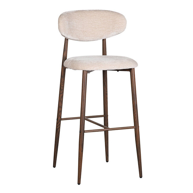Pole to Pole Ivoorkleurige Japandi barkruk met rugleuning | stof | metalen poten met walnoot houtlook