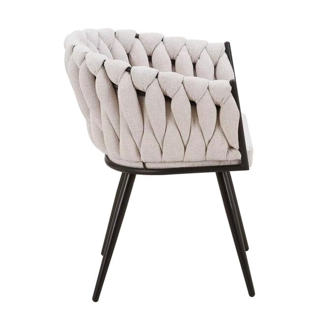 Homerebels Collection Gevlochten eetkamerstoel Beige Weave – beige eetkamerstoel van geweven stof met armleuning