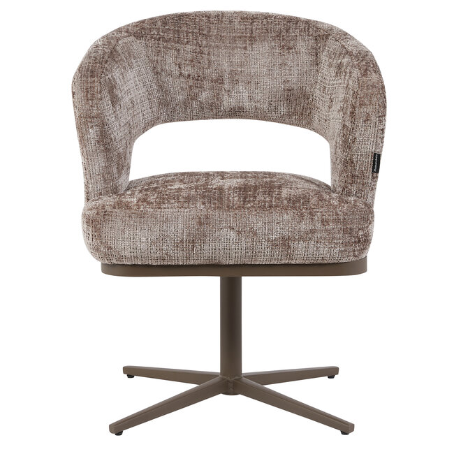 Homerebels Collection Honey eetkamerstoel taupe — 180 graden draaibare luxe eetkamerstoel met geweven stofbekleding en bronzen metalen onderstel