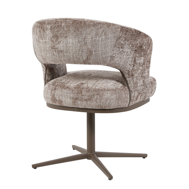 Homerebels Collection Honey eetkamerstoel taupe — 180 graden draaibare luxe eetkamerstoel met geweven stofbekleding en bronzen metalen onderstel