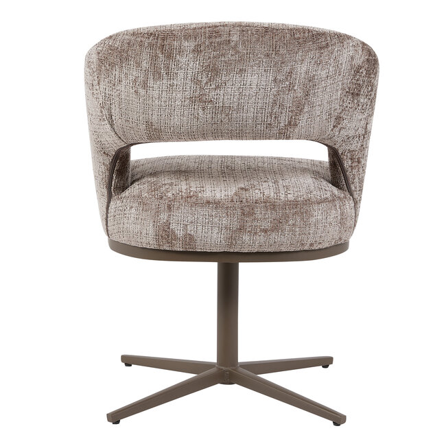 Homerebels Collection Honey eetkamerstoel taupe — 180 graden draaibare luxe eetkamerstoel met geweven stofbekleding en bronzen metalen onderstel