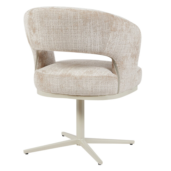 Homerebels Collection Honey eetkamerstoel beige — 180 graden draaibare luxe eetkamerstoel met geweven stofbekleding en beige metalen onderstel