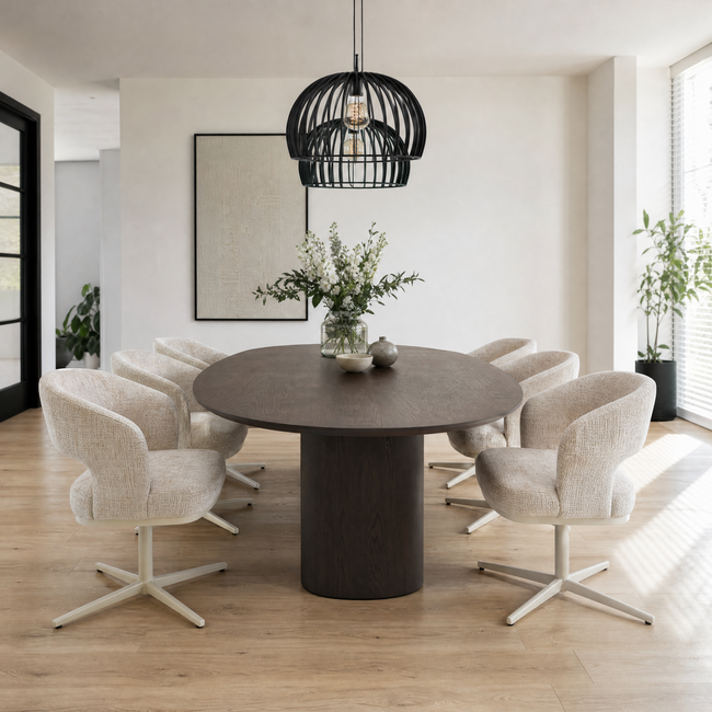 Homerebels Collection Honey eetkamerstoel ultra beige — 180 graden draaibare luxe eetkamerstoel met geweven stofbekleding en beige metalen onderstel