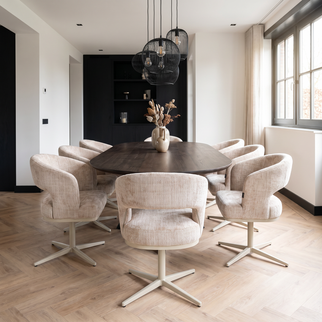 Homerebels Collection Honey eetkamerstoel ultra beige — 180 graden draaibare luxe eetkamerstoel met geweven stofbekleding en beige metalen onderstel