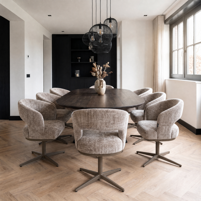 Homerebels Collection Honey eetkamerstoel ultra taupe — 180 graden draaibare luxe eetkamerstoel met geweven stofbekleding en bruine metalen onderstel