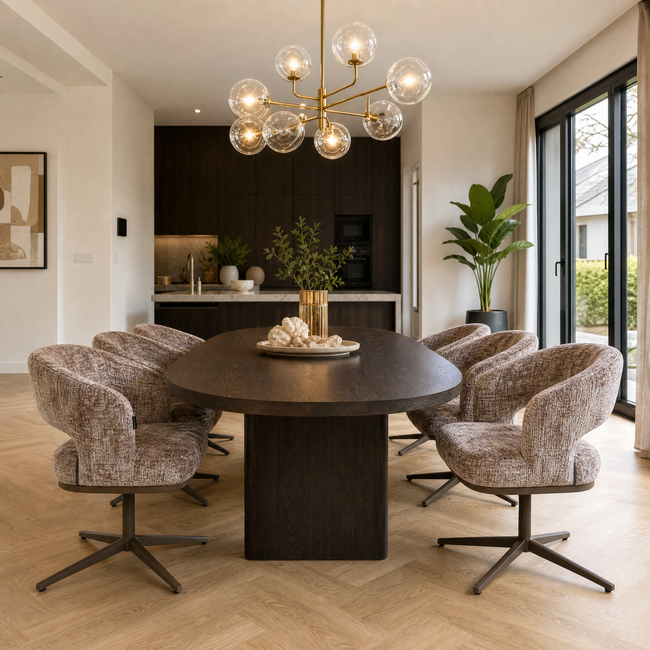Homerebels Collection Honey eetkamerstoel ultra taupe — 180 graden draaibare luxe eetkamerstoel met geweven stofbekleding en bruine metalen onderstel