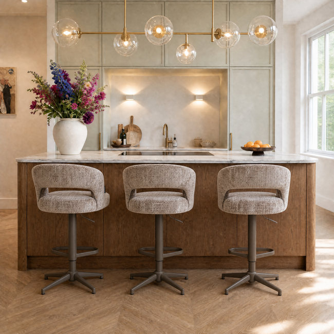 Homerebels Collection Draaibare barkruk met armleuning en rugleuning in taupe | In hoogte verstelbaar 64–84 cm | Met voetensteun | Kookeiland & bartafel - Copy
