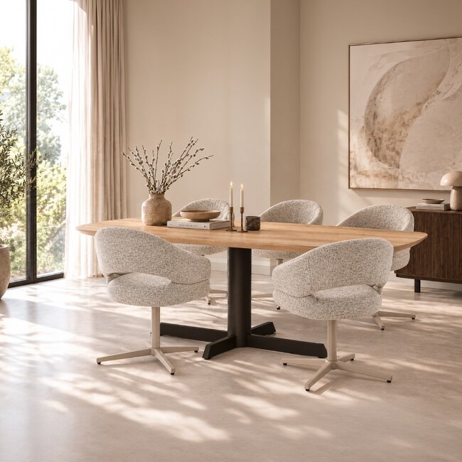 Livingfurn Lichte eiken deens ovale eettafel in naturel met donkerbruine centrale poot – naturel eiken eettafel 220 x 105 cm