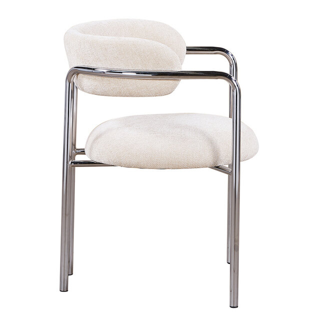 Pole to Pole Eetkamerstoel Art Deco ivoor met chromen poten en armleuning – crème gestoffeerde eetkamerstoel met chroom frame in retro art deco stijl