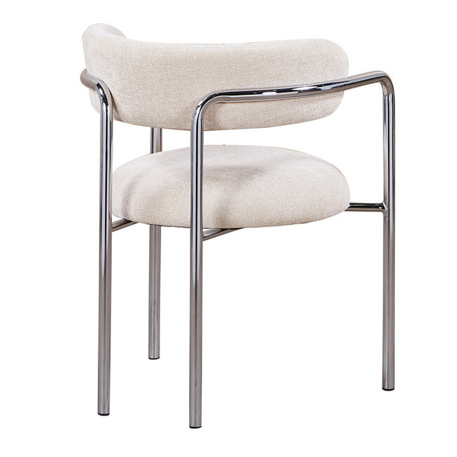 Pole to Pole Eetkamerstoel Art Deco ivoor met chromen poten en armleuning – crème gestoffeerde eetkamerstoel met chroom frame in retro art deco stijl