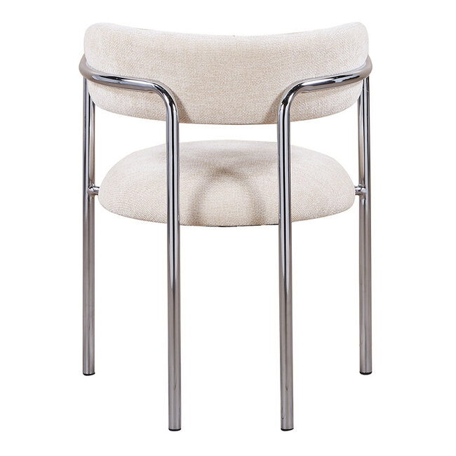 Pole to Pole Eetkamerstoel Art Deco ivoor met chromen poten en armleuning – crème gestoffeerde eetkamerstoel met chroom frame in retro art deco stijl